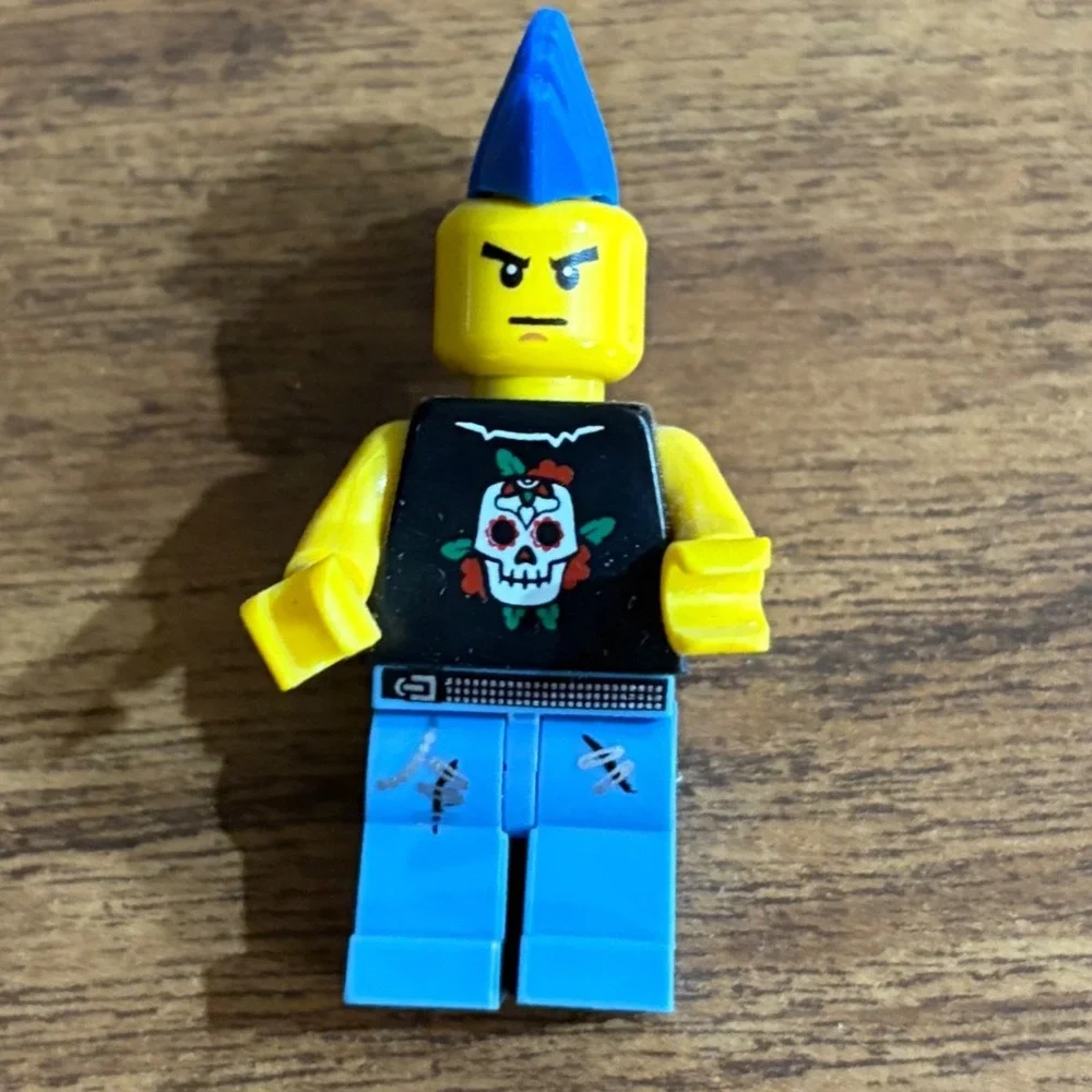 LEGO Punk Rocker Minifigure Blue Mohawk Skull Tank Band Heavy Metal Singer